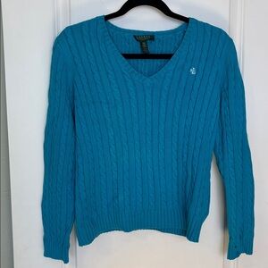 Lauren Ralph Lauren Blue Cable Knit V-Neck Sweater Logo Petite Medium
